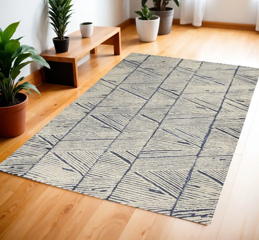 Blue and White Wool Abstract Area Rug Photo 1