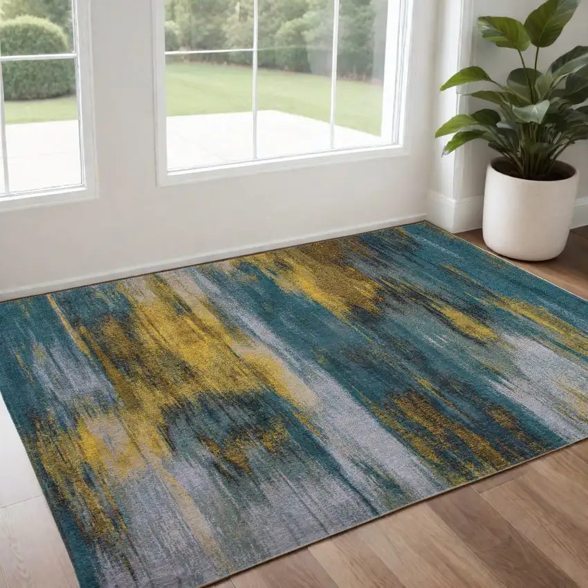 Blue and Yellow Abstract Non Skid Area Rug Photo 1