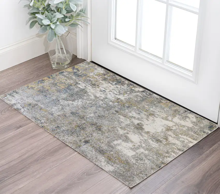 Ivory Blue and Yellow Abstract Power Loom Area Rug Photo 1