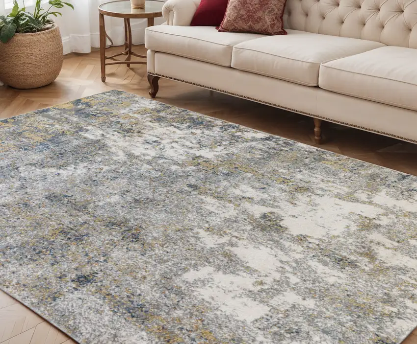 Ivory Blue and Yellow Abstract Power Loom Area Rug Photo 1