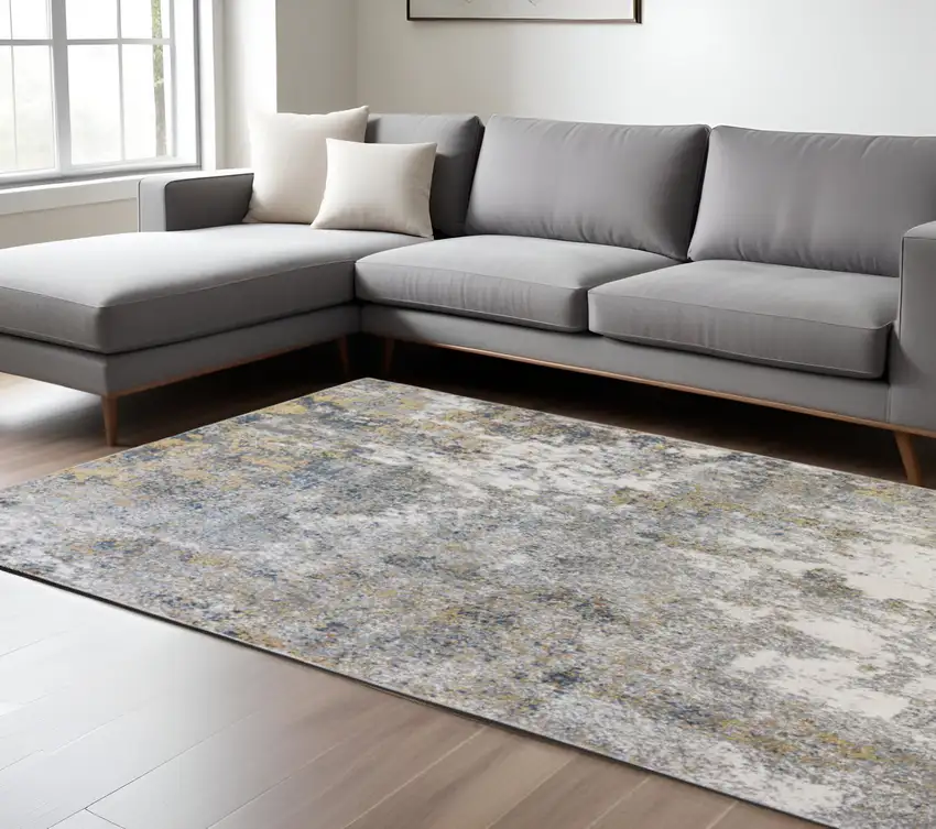 Ivory Blue and Yellow Abstract Power Loom Area Rug Photo 1