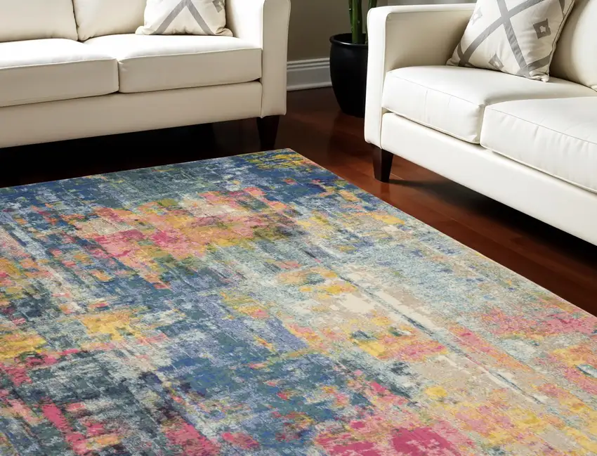 Blue and Yellow Abstract Power Loom Area Rug Photo 1