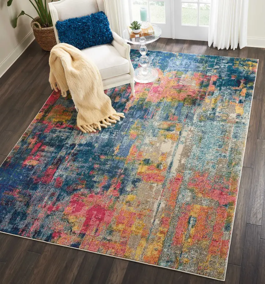 Blue and Yellow Abstract Power Loom Area Rug Photo 4