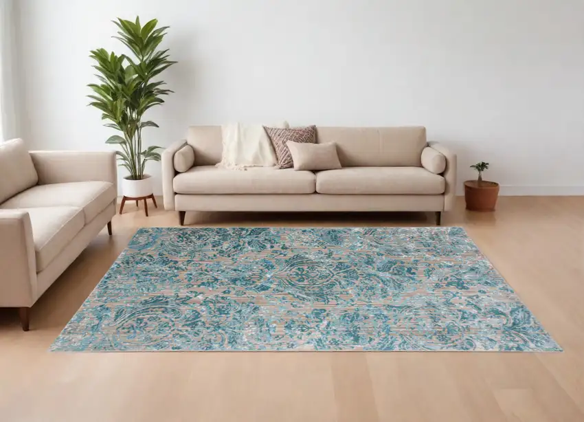 Blue and Yellow Abstract Power Loom Worn Faded Area Rug Photo 1