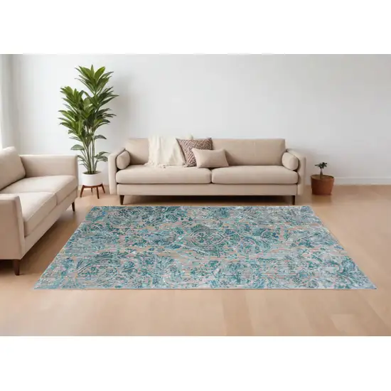 Blue and Yellow Abstract Power Loom Worn Faded Area Rug Photo 1