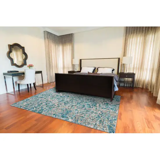 Blue and Yellow Abstract Power Loom Worn Faded Area Rug Photo 7