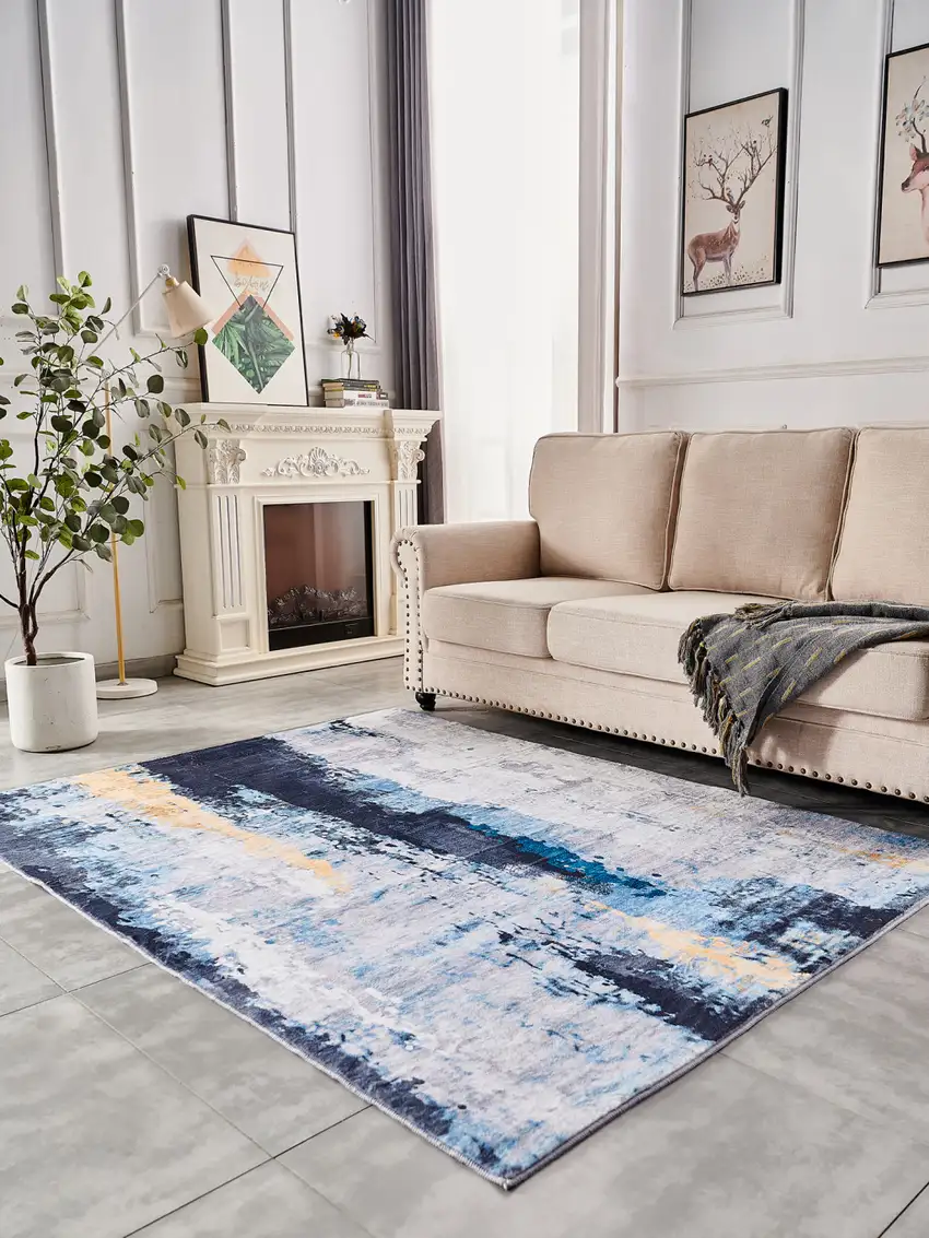 Blue and Yellow Abstract Printed Washable Non Skid Area Rug Photo 9