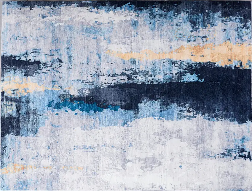 Blue and Yellow Abstract Printed Washable Non Skid Area Rug Photo 1