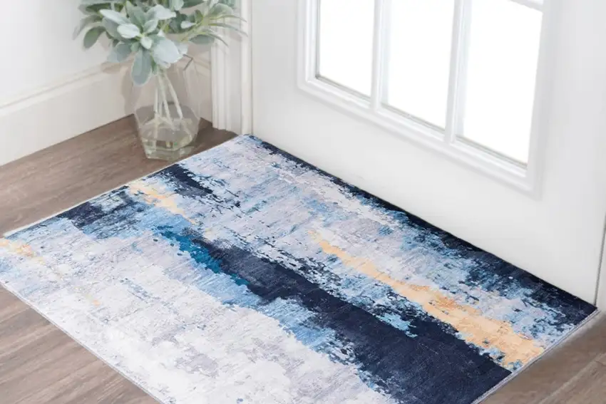 Blue and Yellow Abstract Printed Washable Non Skid Area Rug Photo 3