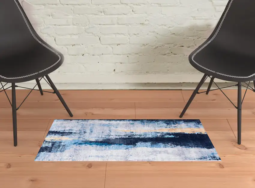 Blue and Yellow Abstract Printed Washable Non Skid Area Rug Photo 2