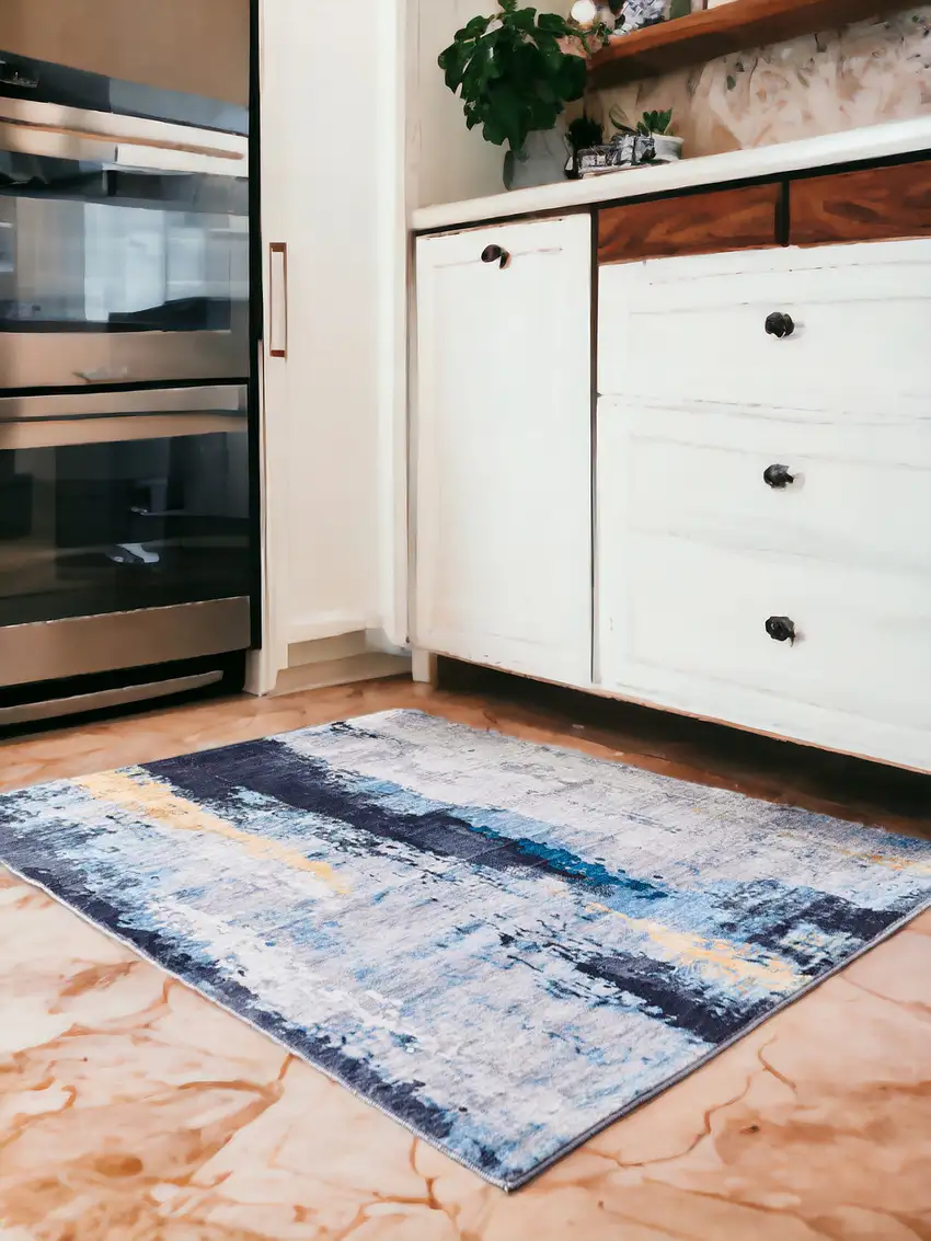 Blue and Yellow Abstract Printed Washable Non Skid Area Rug Photo 1