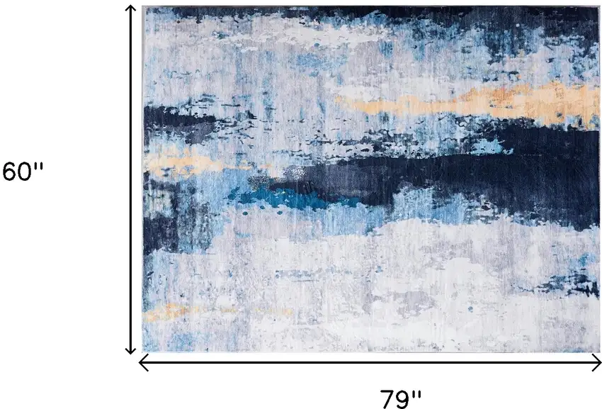 Blue and Yellow Abstract Printed Washable Non Skid Area Rug Photo 3