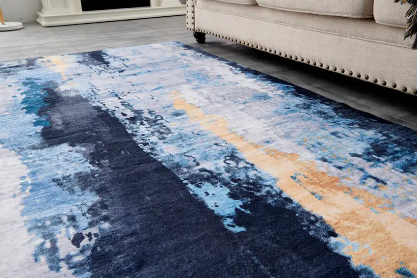Blue and Yellow Abstract Printed Washable Non Skid Area Rug Photo 4