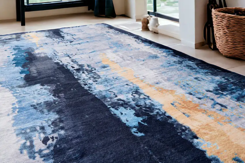 Blue and Yellow Abstract Printed Washable Non Skid Area Rug Photo 1