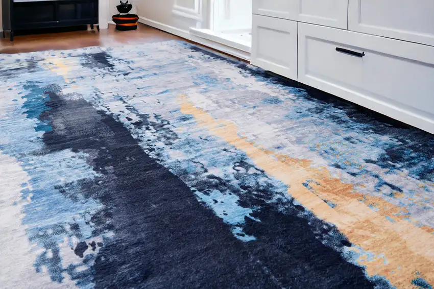 Blue and Yellow Abstract Printed Washable Non Skid Area Rug Photo 1