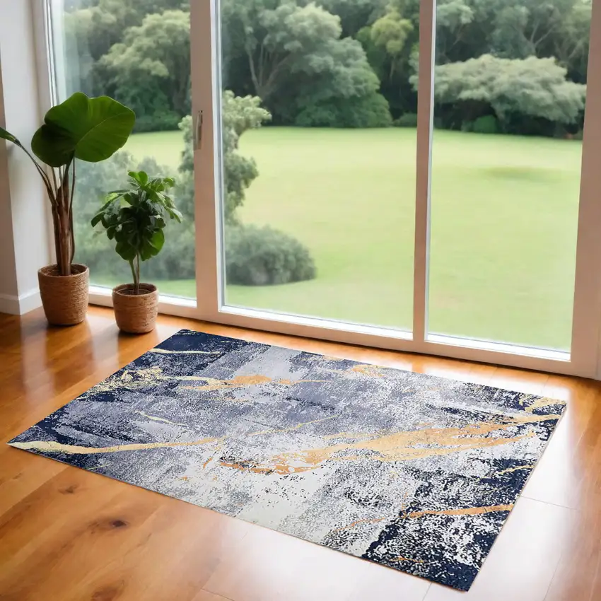 Blue and Yellow Abstract Shag Printed Washable Non Skid Area Rug Photo 2