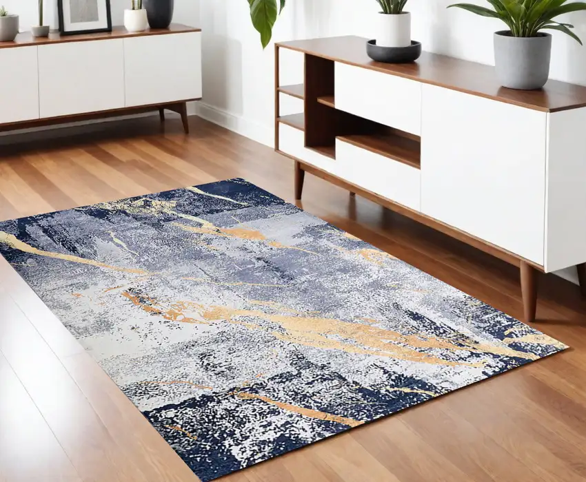 Blue and Yellow Abstract Shag Printed Washable Non Skid Area Rug Photo 2
