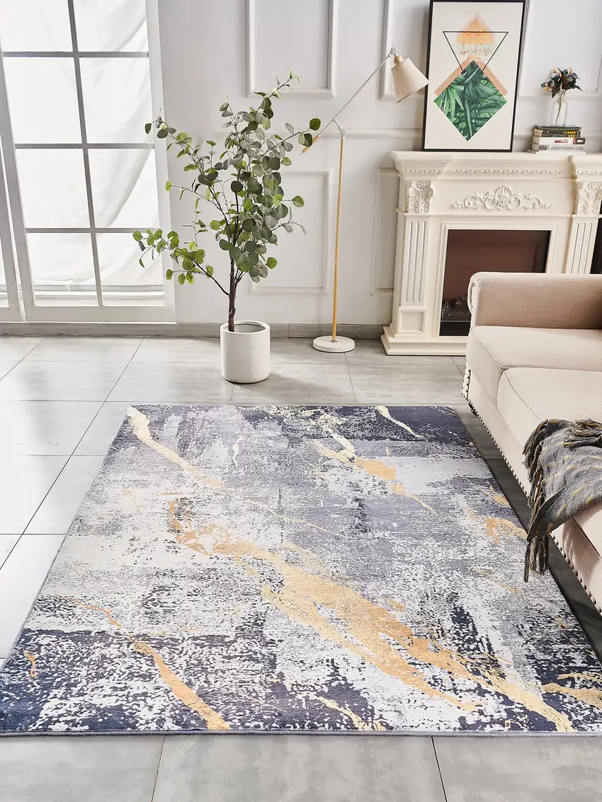 Blue and Yellow Abstract Shag Printed Washable Non Skid Area Rug Photo 9