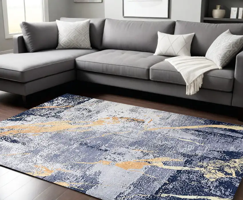 Blue and Yellow Abstract Shag Printed Washable Non Skid Area Rug Photo 2