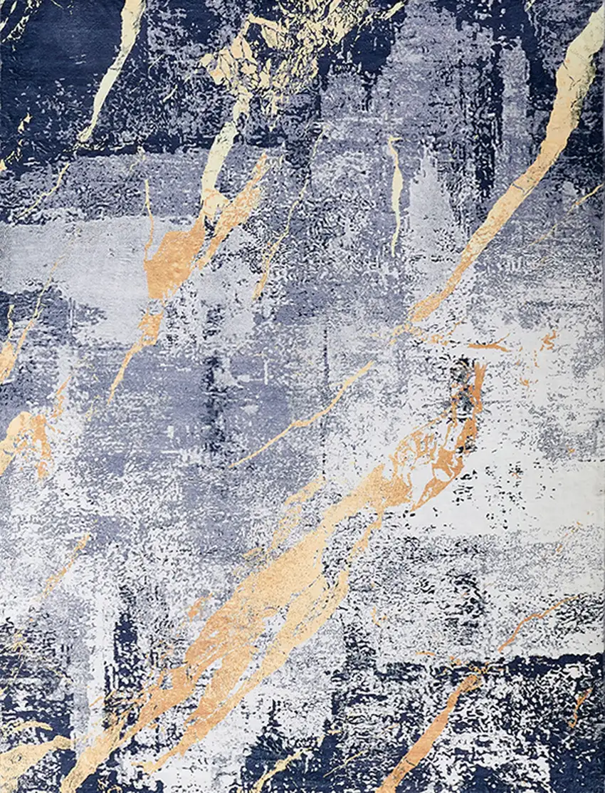 Blue and Yellow Abstract Shag Printed Washable Non Skid Area Rug Photo 6