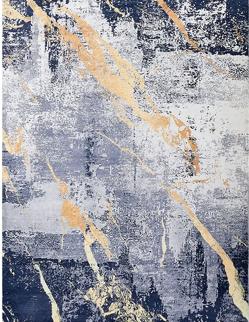 Blue and Yellow Abstract Shag Printed Washable Non Skid Area Rug Photo 1