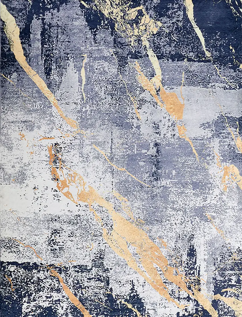 Blue and Yellow Abstract Shag Printed Washable Non Skid Area Rug Photo 3