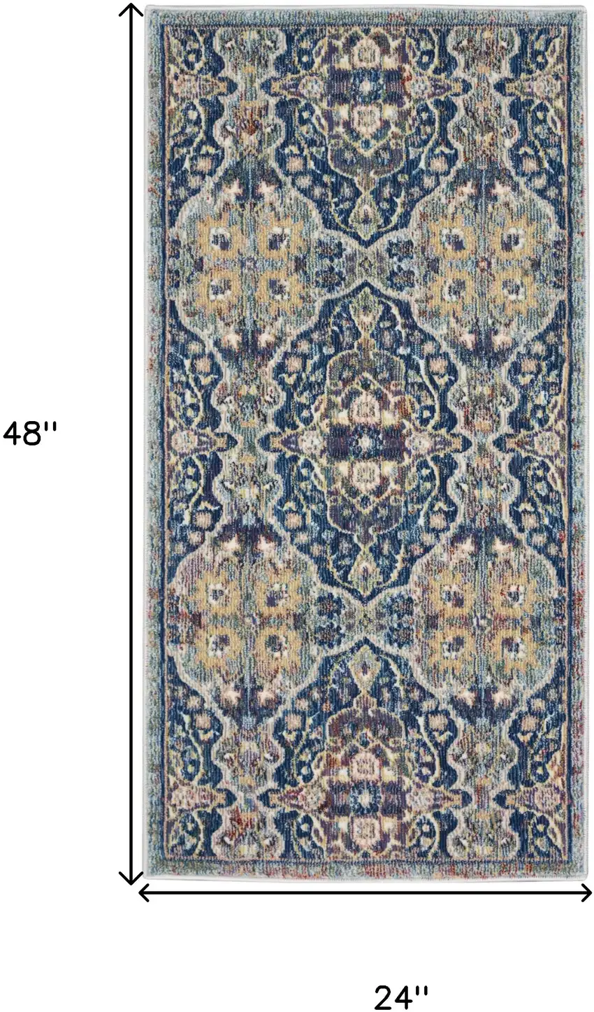 Blue and Yellow Floral Distressed Non Skid Area Rug Photo 3