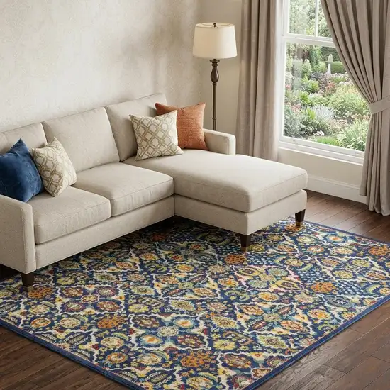 Blue and Yellow Floral Power Loom Area Rug Photo 1