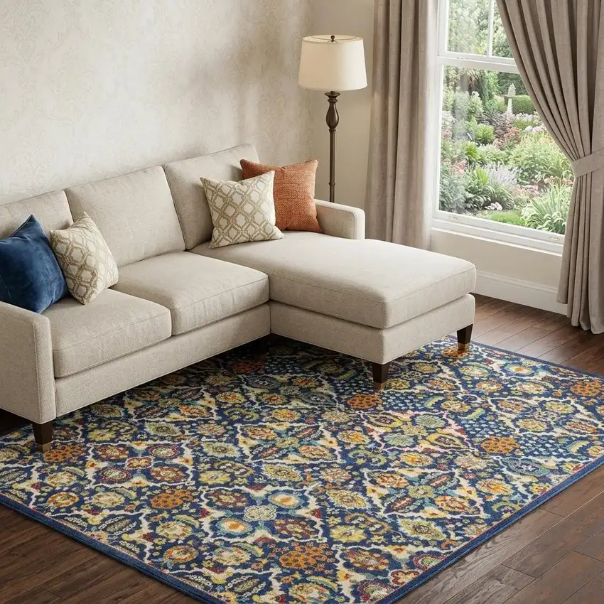 Blue and Yellow Floral Power Loom Area Rug Photo 1