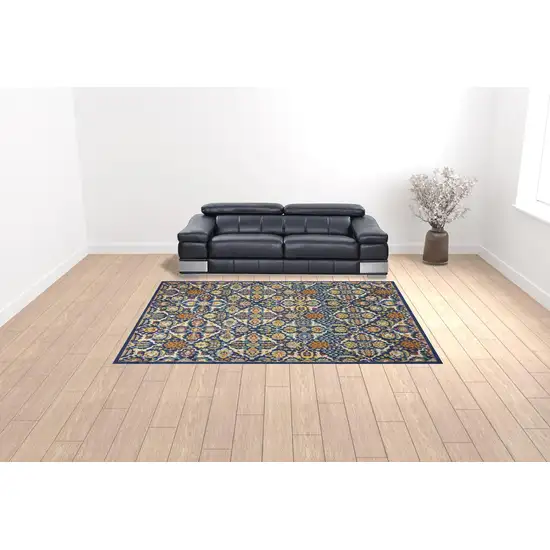 Blue and Yellow Floral Power Loom Area Rug Photo 2