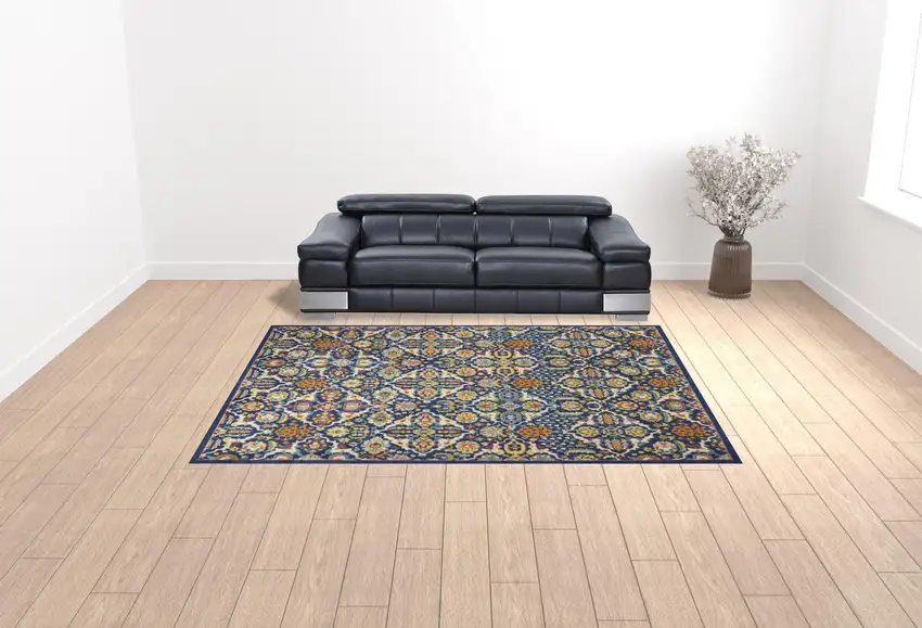 Blue and Yellow Floral Power Loom Area Rug Photo 2