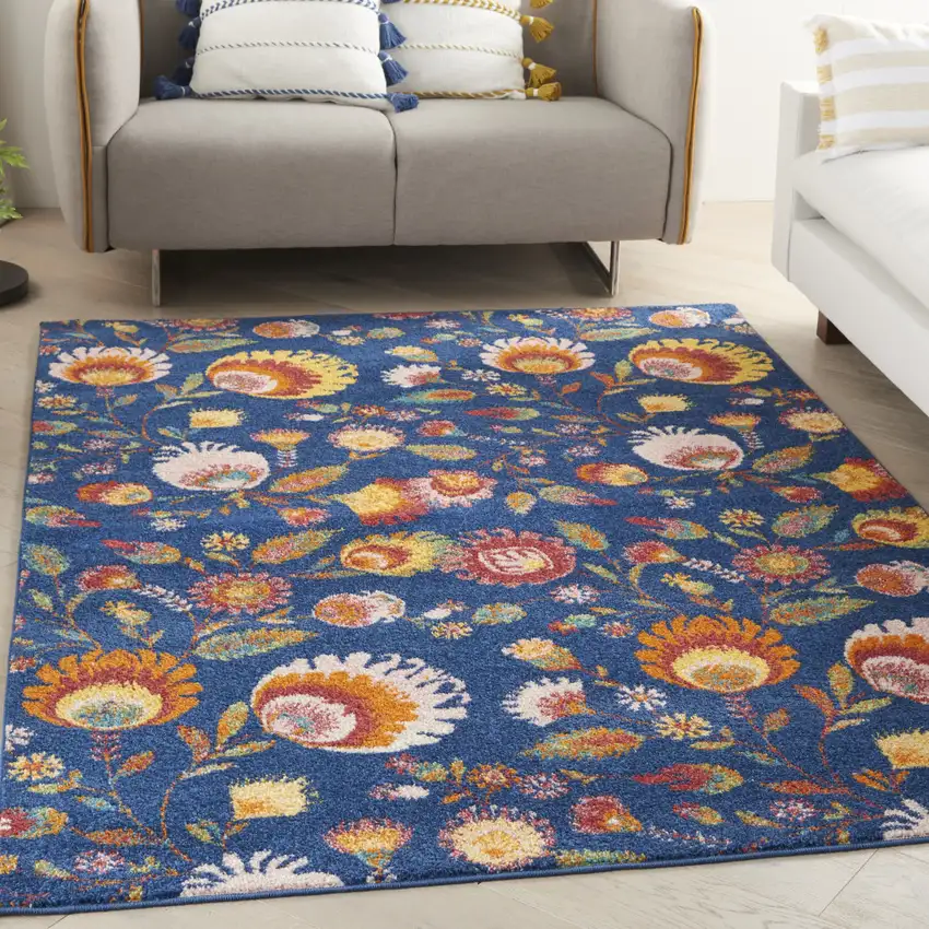 Blue and Yellow Floral Power Loom Area Rug Photo 4