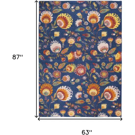 Blue and Yellow Floral Power Loom Area Rug Photo 3