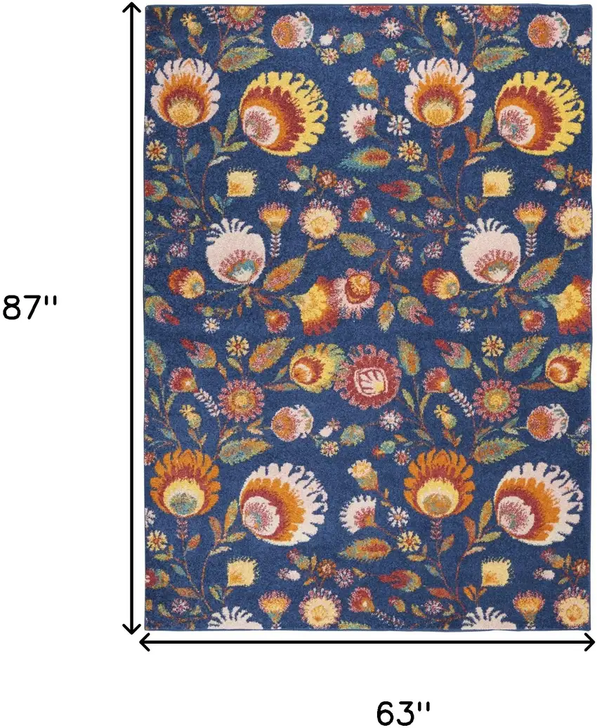 Blue and Yellow Floral Power Loom Area Rug Photo 3