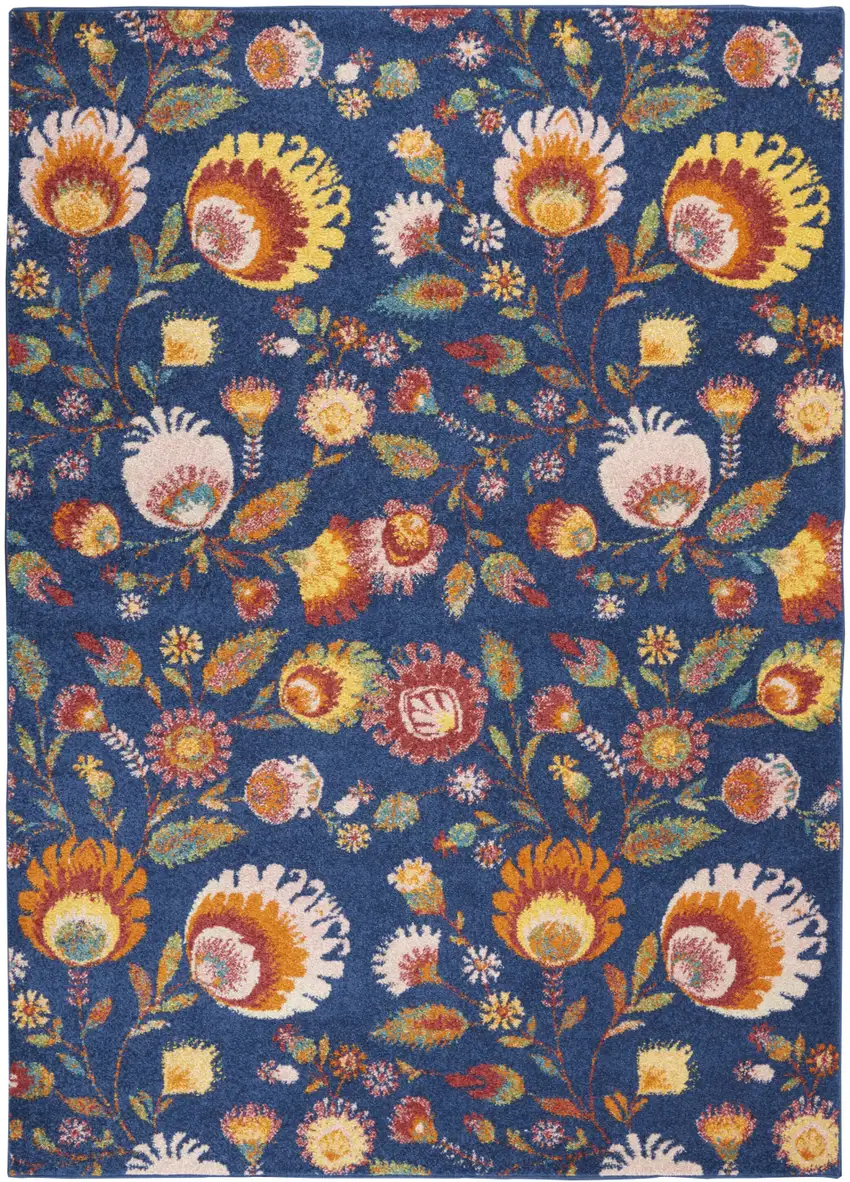 Blue and Yellow Floral Power Loom Area Rug Photo 2