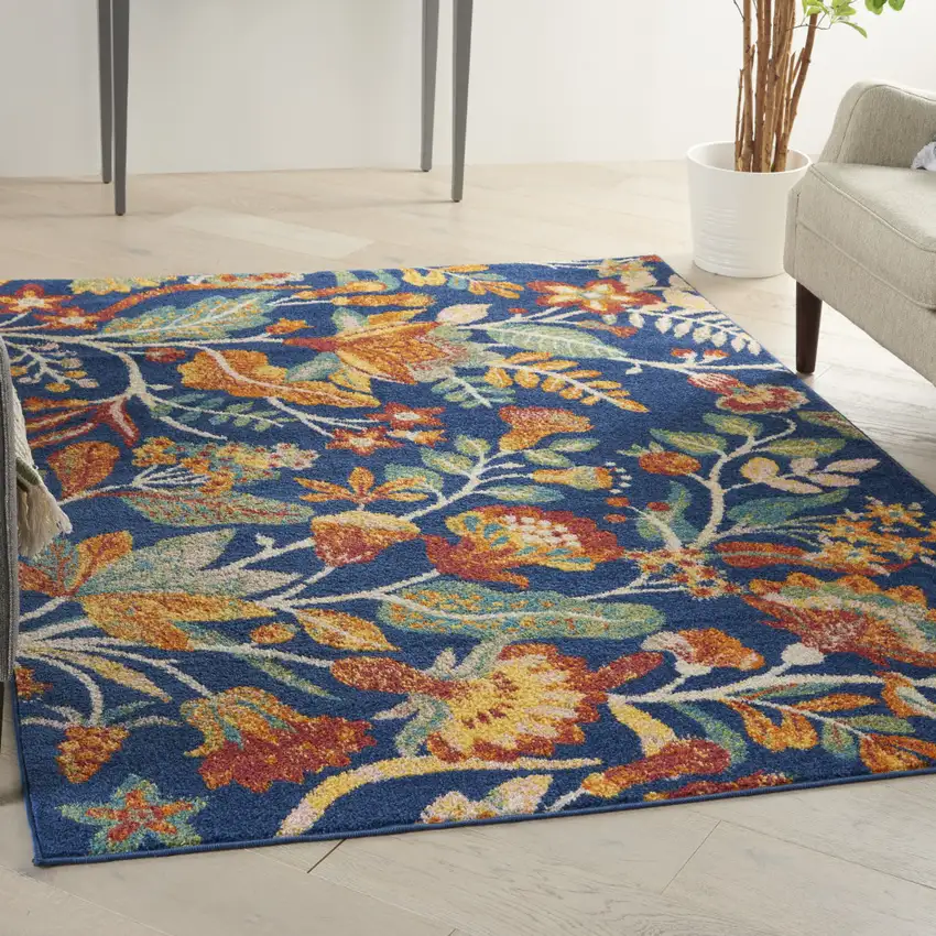 Blue and Yellow Floral Power Loom Area Rug Photo 5