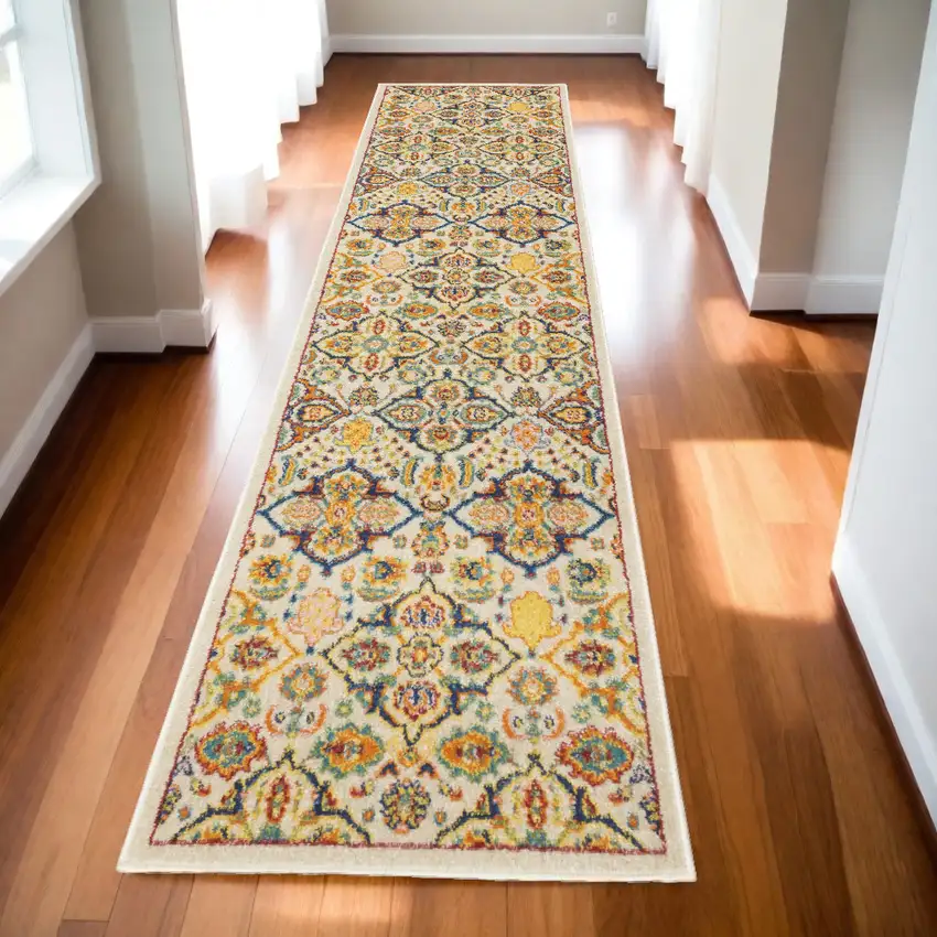 Blue and Yellow Floral Power Loom Runner Rug Photo 1