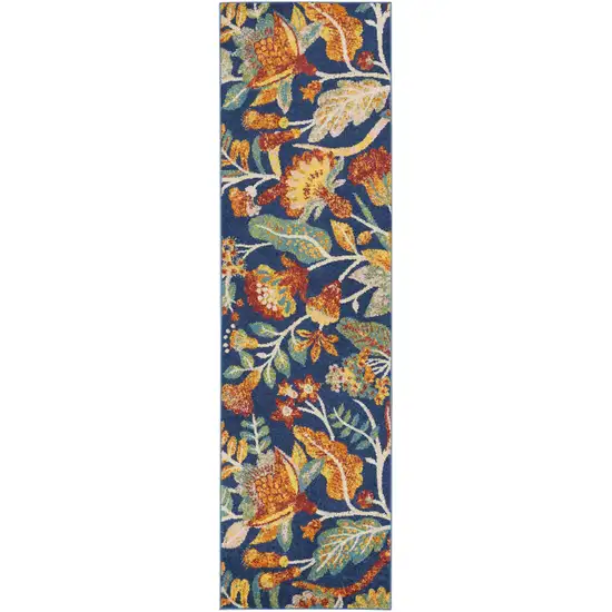 8' Orange Red And Blue Floral Runner Rug Photo 1