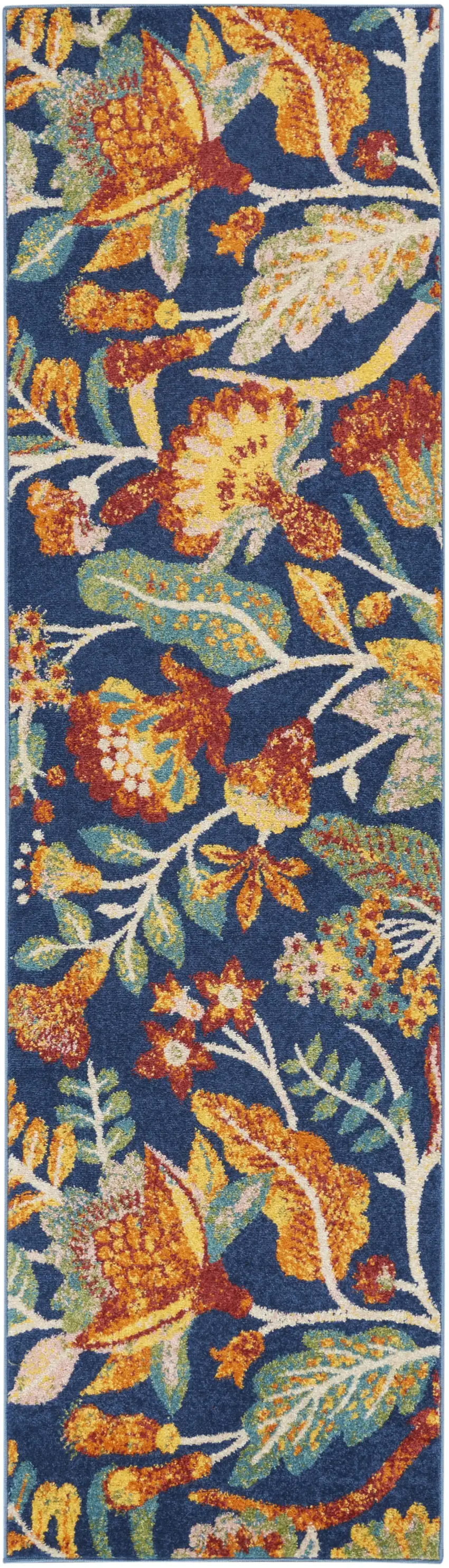 8' Orange Red And Blue Floral Runner Rug Photo 1