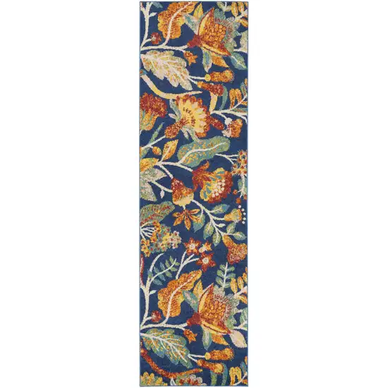 8' Orange Red And Blue Floral Runner Rug Photo 4