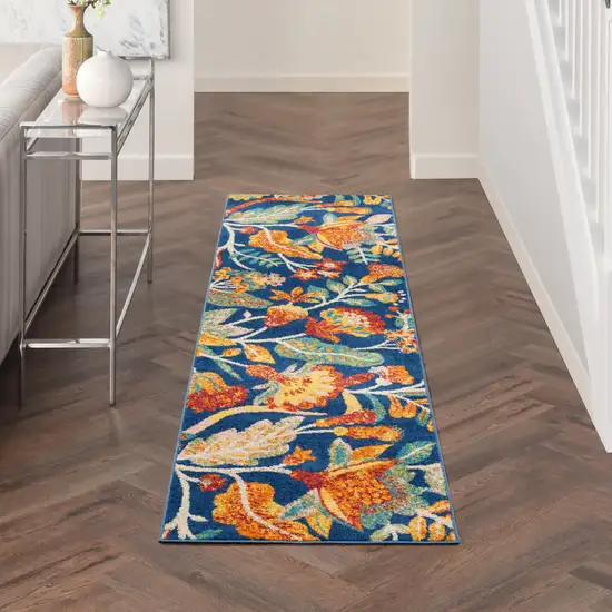 8' Orange Red And Blue Floral Runner Rug Photo 5