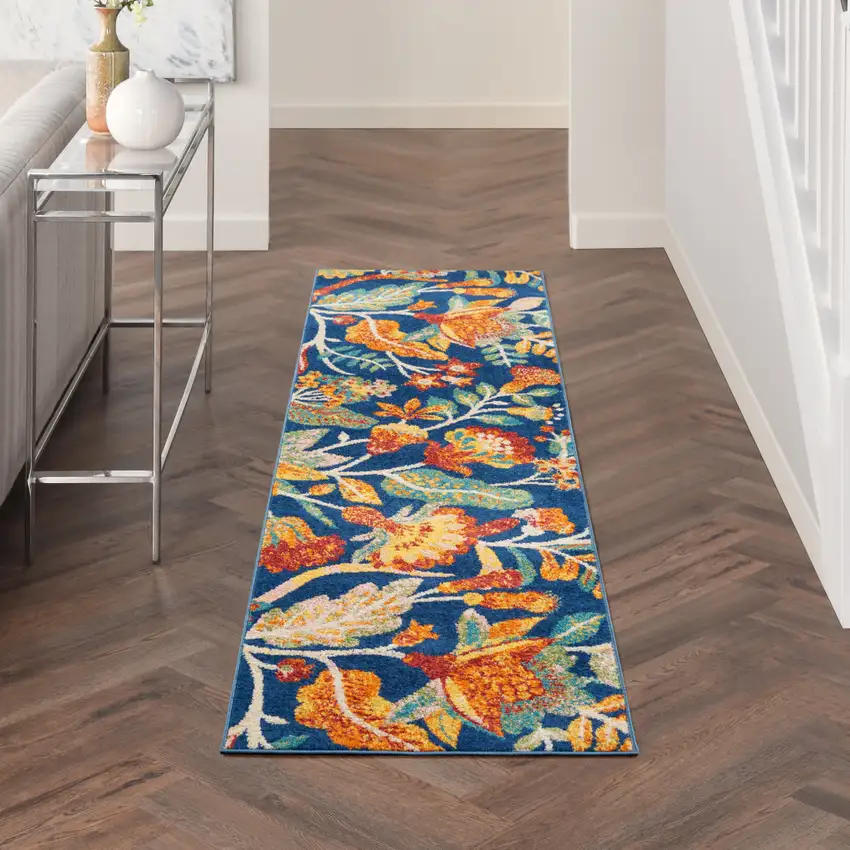 8' Orange Red And Blue Floral Runner Rug Photo 5