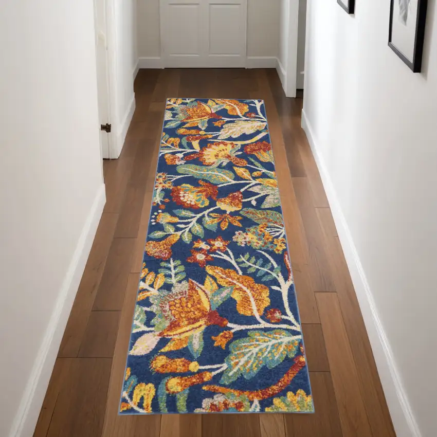 Blue and Yellow Floral Power Loom Runner Rug Photo 1