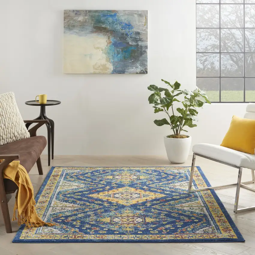 Blue and Yellow Geometric Power Loom Area Rug Photo 6