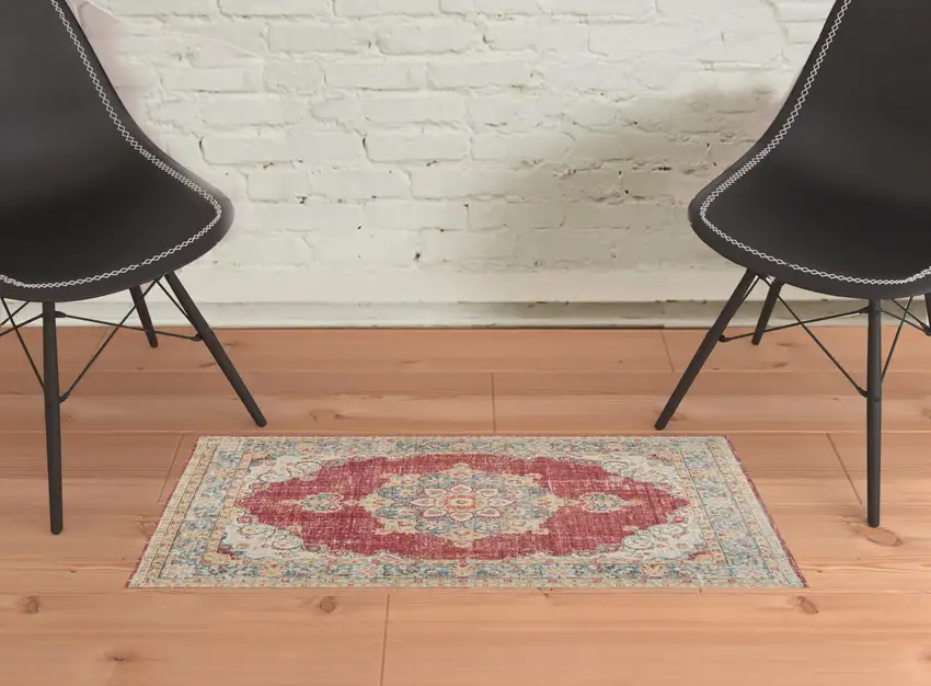 Blue and Yellow Medallion Power Loom Distressed Area Rug Photo 4