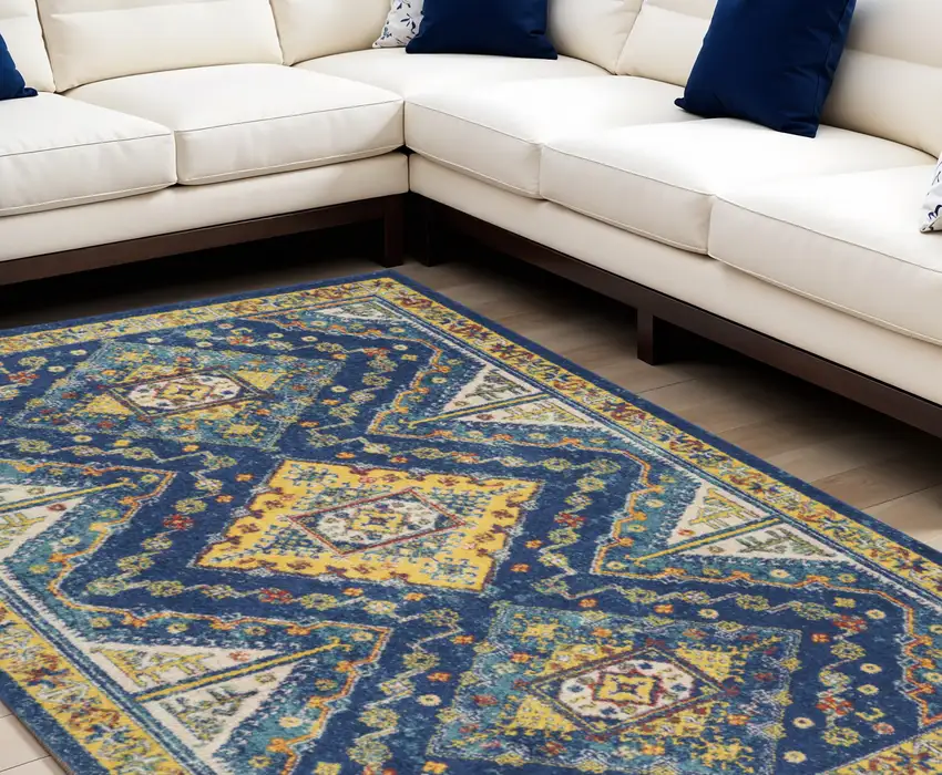 Blue and Yellow Oriental Power Loom Area Rug Photo 1