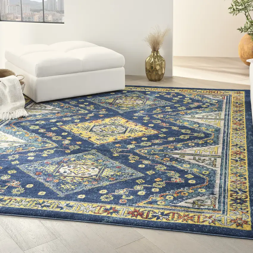 Blue and Yellow Oriental Power Loom Area Rug Photo 4