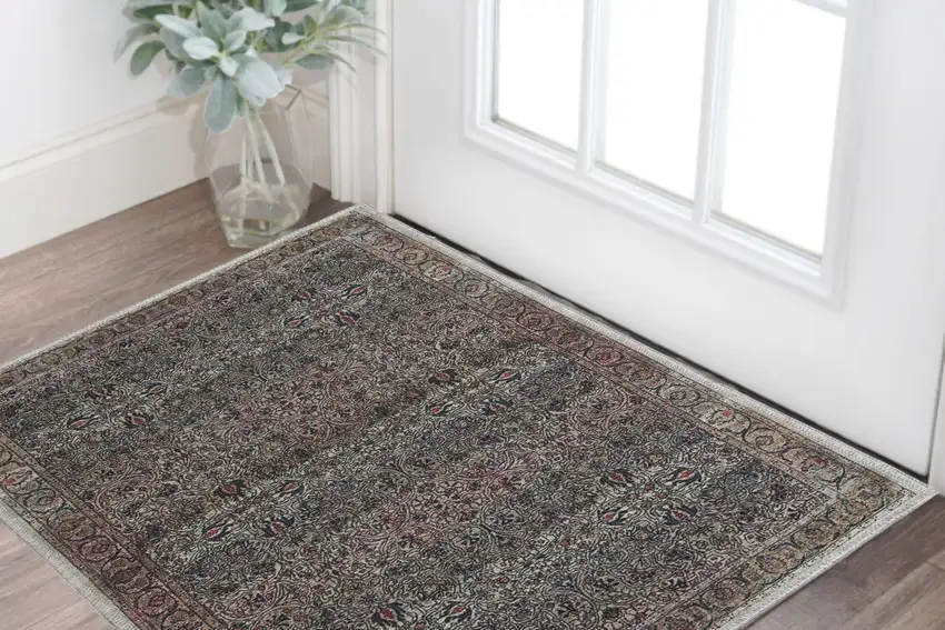 Blue and Yellow Oriental Power Loom Distressed Washable Non Skid Area Rug Photo 1