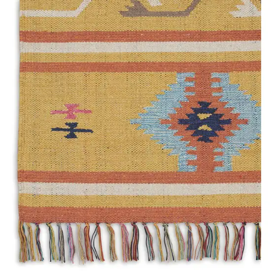 Blue and Yellow Southwestern Handmade Area Rug With Fringe Photo 6