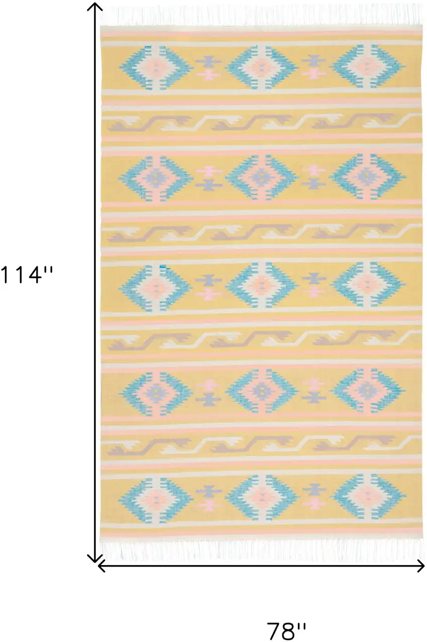 Blue and Yellow Southwestern Handmade Area Rug With Fringe Photo 8